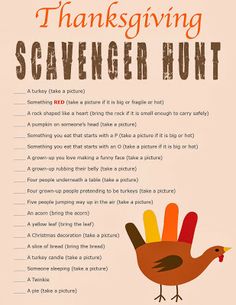 a thanksgiving scavenger hunt with a turkey on it's head and the words,