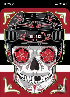 a skull wearing a motorcycle helmet with chicago written on it's face and flowers in the center