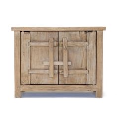 a wooden cabinet with two doors on the front and one door open to reveal an interesting design