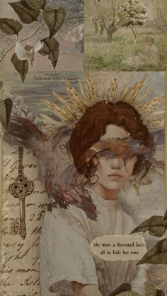 a painting of an angel surrounded by leaves and flowers, with words written below it