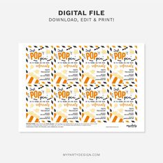 the digital file for popcorn movie tickets is shown in orange and black with white stripes