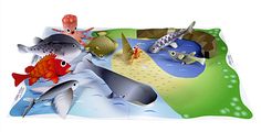 an image of children playing with animals in the water on a play mat that is shaped like a fish pond