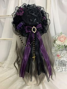 Floral Lace Trim Black and Purple Mini Hat Dark Purple Accessories, Purple Goth, Magical Girl Outfit, Purple Gothic, Victorian Accessories, Grunge Accessories, Purple Cross, Flat Hat, Purple Accessories