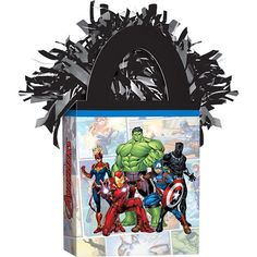 the avengers gift bag is decorated with black ribbon and iron man characters, including captain america