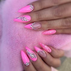 Hot Pink Jeweled Nails, Neon Pink Nails With Rhinestones, Hot Pink Nails With Rhinestones, Hot Pink Bling Nails, Pink Rhinestone Nails, Pink Stiletto Nails, Pink Chrome Nails