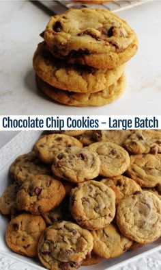 chocolate chip cookies - large batch and small batch on a white plate with text overlay