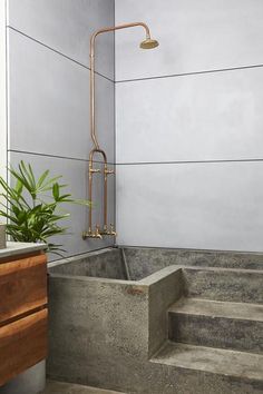 a bathroom with concrete steps leading up to the bathtub and sink area, along with a potted plant