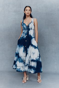 Enigma Denim Midi Dress | Tie Dye Indigo | Aje – Aje World Aje Denim Dress, Indigo Maxi Dress, Procion Dye, Modern Tie Dye, Indian Outfits Modern, Indigo Dress, Sophisticated Lady, Tie Dye Fashion, Tie Dye Denim