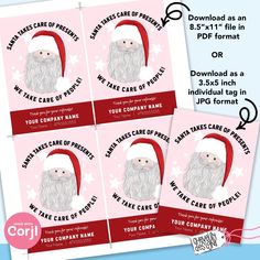 four pink santa claus christmas gift tags