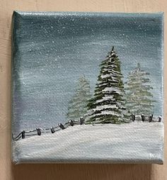 a painting of a snow covered pine tree