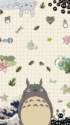 the totoro is standing in front of some flowers and other things that are floating around