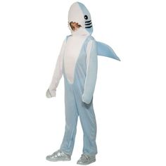 a person in a shark costume standing up