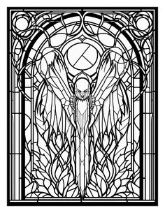 an art nouveau style stained glass window with the image of a winged angel in black and white