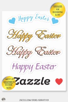 the happy easter stickers are shown in different styles and colors, including gold foil