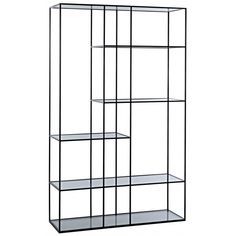 a black metal shelf with glass shelves on each side and three shelves below it, both facing the same direction