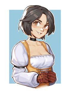 a drawing of a woman with short black hair and brown suspenders, wearing an apron