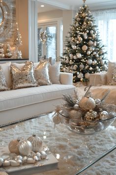 a living room filled with furniture and a christmas tree