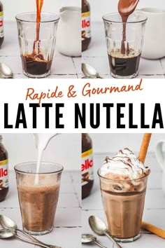 four pictures showing how to make chocolate pudding and gourmand latte nutella