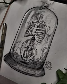 a drawing of a skeleton in a glass jar