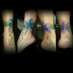 four different pictures of the same person's foot with tattoos on them and flowers