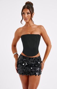 Anissa Mini Skirt - Black – BABYBOO Black Corset And Mini Skirt Outfit, Glitter Mini Skirt Outfits, Black Themed Party Outfit, Black Sets Outfit, Sequence Mini Skirt Outfit, Black Mini Skirt Club Outfit, Christmas Themed Party Outfits, Black Sparkle Skirt Outfit, Classy Nye Outfit