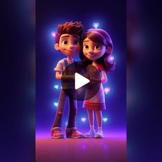 an animated image of two people standing next to each other in front of a purple background