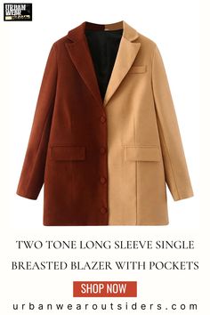 Two Tone Long Sleeve Single Breasted Blazer With Pockets . woman blazer outfit | blazer outfit casual | blazer outfit for women | Single Breasted Blazer, Chic Tops, Blazer Jackets For Women, Long Romper, Chic Top, Printed Blazer, Oversized Blazer, Breasted Blazer, Casual Streetwear