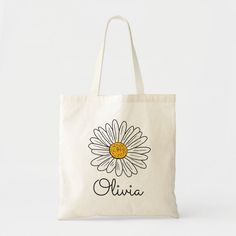 Monogrammed White Daisy Floral Tote Bag Eco-friendly Personalized Canvas Tote Bag, Customizable Everyday Tote Bag, White Canvas Tote Bag For Personal Use, White Canvas Gift Bag For Personal Use, White Tote Bag For Personal Use, White Rectangular Canvas Bag For Personal Use, Rectangular White Canvas Bag For Personal Use, Eco-friendly Tote Bag For Personal Use, Personalized Rectangular Canvas Bag For Everyday