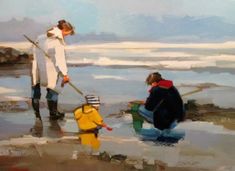 an oil painting of two people and a child on the beach, one holding a fishing pole