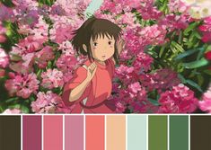 a girl standing in front of flowers with color swatches