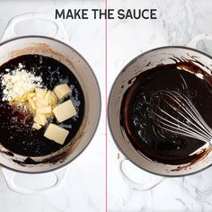 two pans filled with chocolate and butter on top of a counter next to each other