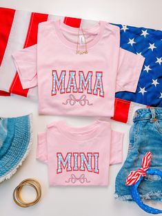 Looking for cute matching shirts for you and your little one to wear on July 4th? Look no further! These are absolutely perfect for summer with their fun and playful design and the high-quality materials used to make them. You can pair them with either shorts, skirt, or jeans for a festive look! ❤ ITEM DESCRIPTION • Direct to garment design • Material: 100% Cotton• Sizing runs true to size. We only recommend sizing up if you prefer a loose fit. SIZE MEASUREMENTS Adult S (6-8): Length 26" | Chest Mini Necklace, Mommy And Me Dresses, Pink Blazer, White Party, Pink Parties, Sweet Dress, Pink Rhinestones, Matching Shirts, Matching Dresses