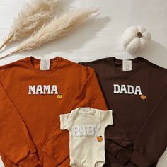 This cute matching fall family outfit is perfect for thanksgiving dinner, pumpkin patches, and fall photoshoots! This is also a great gift for your friends and loved ones that are new moms/parents.  IMPORTANT: this is not sold as a set, they need to be ordered individually. We have baby onesies, kid sizes tshirts as well as adult sweatshirts. Kindly just add them to cart individually. - Material is super soft and comfy! ♡ - All our sweatshirts run a Unisex fit. They are naturally oversized, but Family Letter Print Tops For Fall, Matching Cotton Sweatshirt For Fall, Cotton Fall Sweatshirt, Fall Tops With Letter Print, Fall Crew Neck Sweatshirt, Cotton Sweatshirt For Fall, Fall Long Sleeve Sweatshirt, Cute Orange Tops For Fall, Cute Orange Top For Fall