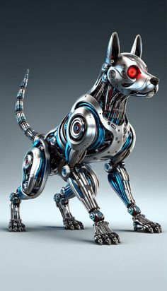 a metal dog with red eyes on it's face and tail, standing in front of a gray background