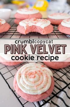 pink velvet cookies with white frosting and sprinkles are cooling on a rack