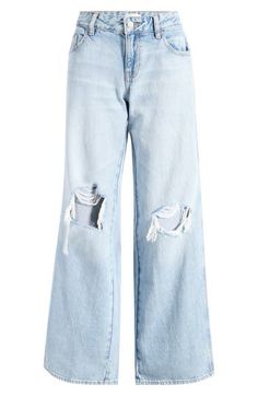 A baggy fit and slashed rips lend an edgier take on casual wide-leg jeans cut from nonstretch denim in a light wash. Zip fly with button closure Five-pocket style 100% cotton Machine wash, line dry Imported Baby Blue Jeans, Baggy Fit Jeans, Ripped Wide Leg Cropped Jeans, Ripped Baggy Flare Jeans For Spring, Casual Ripped Wide Leg Flare Jeans, Spring Ripped Baggy Flare Jeans, Spring Baggy Ripped Flare Jeans, Light Wash Ripped Wide Leg Cropped Jeans, Ripped Wide Leg Relaxed Jeans