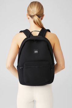 Stow Backpack - Black/Silver | Alo Yoga Functional Nylon Backpack For On-the-go, Sporty Backpack With Mesh Pockets, Sporty Backpack For Commuting, Sporty Standard Backpack For Commuting, Sporty Commuting Backpack, Casual Commuting Backpack With Water Bottle Pocket, Sporty Backpack With Functional Pockets For On-the-go, Sporty Backpack With Zipper Pocket, Functional Nylon Backpack For Everyday Use