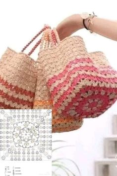 a crocheted bag is being held up by a woman's hand with her arm