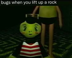 an animated image of a person standing next to a stuffed animal with the caption bug's when you lift up a rock