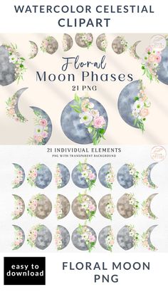 watercolor celestial clipart with flowers and moon phases