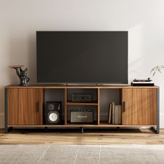 Eureka Ergonomic 70in media console cabinet Tv Speakers Living Room, Speakers Living Room, Mid Century Tv, Wooden Tv Cabinet, Led Tv Stand, Tv Speakers, Adelaide Hills, Console Cabinet, Office Seating