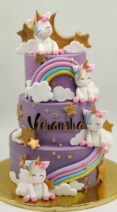 40 Cute Cake Ideas For Any Celebration : Purp Purple Rainbow Cake, Purple Unicorn Cake, Birthday Cake With Rainbow, Cute Cake Ideas, Unicorn Number Cake, Unicorn Theme Cake, Birthday Cake Unicorn, Purple Birthday Cake