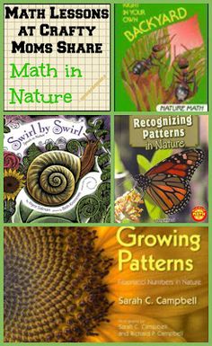 four books with pictures of different plants and animals on them, including the title math lessons at crafty moms share math in nature