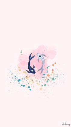 two black and white koi fish swimming on top of a pink watercolor background