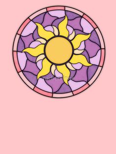 a circular stained glass window with a yellow sun in the center on a pink background