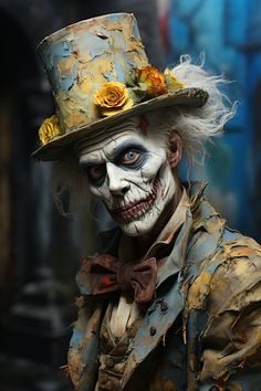 a creepy clown with white makeup and yellow flowers on his head, wearing a top hat