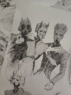 several drawings of people with gas masks on