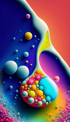 an abstract painting with lots of colors and bubbles on the bottom half of it,