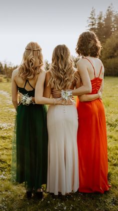 three women in long dresses standing next to each other with their backs turned towards the camera