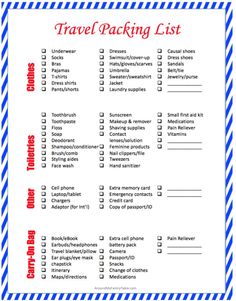 the travel packing list is shown in red, white and blue striped paper with words on it